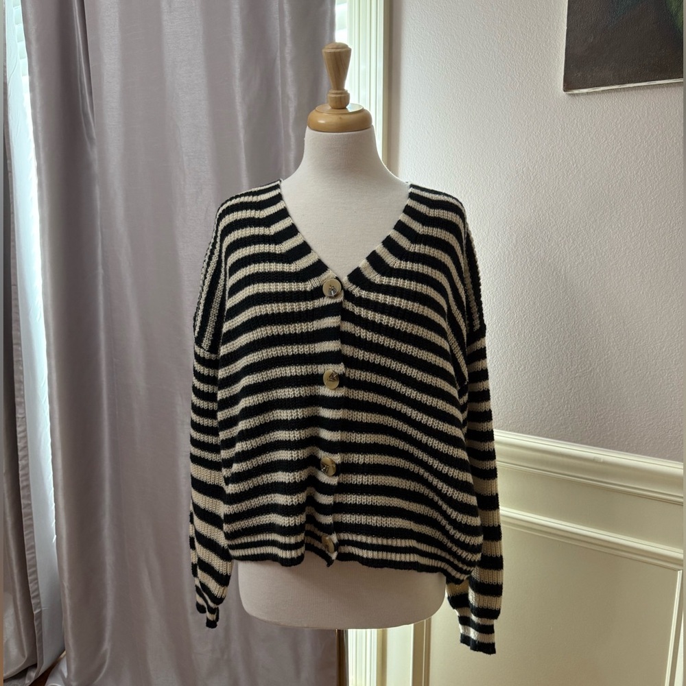 SHEIN Black and Cream Striped Cardigan Sweater